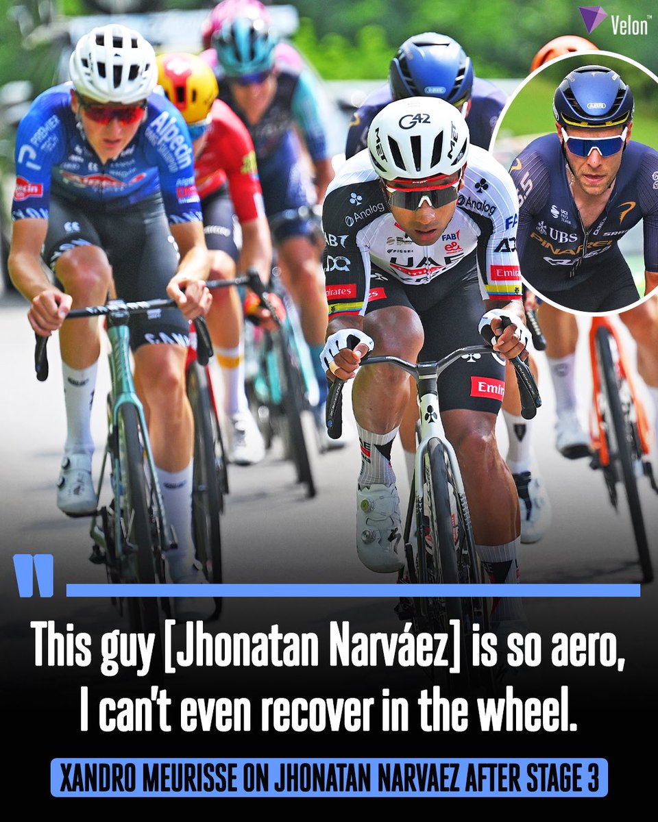 VelonCC's tweet photo. No free ride behind Narváez 😅

Xandro Meurisse admitted that following Jhonatan Narváez’s wheel during their long breakaway was far from easy, praising the Ecuadorian’s incredible aerodynamics after Narváez beat him in a two-man sprint to win Stage 3 of the Tour de Suisse. https://t.co/eDJUurBwAO