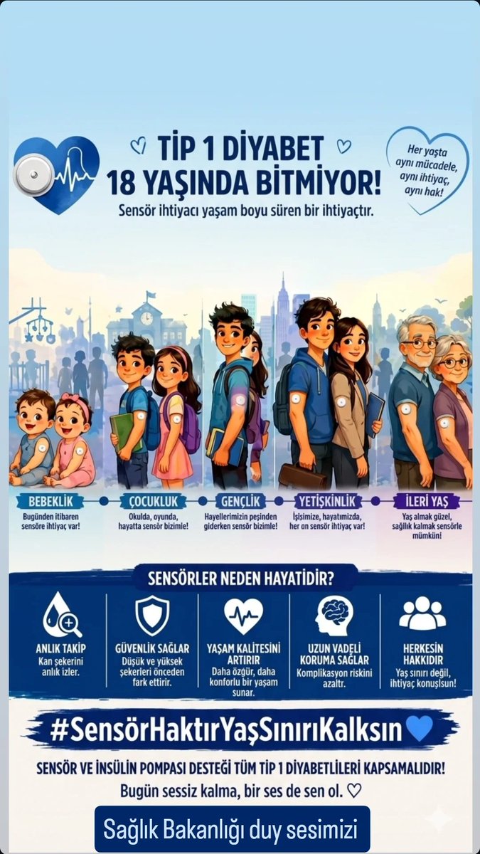 Diyabetlikizse1's tweet photo. Bir çocuğun sağlığı yaş sınırına sığdırılamaz.
Tip 1 diyabet 18 yaşında bitmiyor. Sensör ve insülin pompası ihtiyacı da bitmiyor. Yaş sınırları nedeniyle binlerce kişi hayati teknolojilere erişemiyor.
Sesimize ses olur musunuz?
#SensörHaktırYaşSınırıKalksın #haydi https://t.co/ZHnQHp7lRS