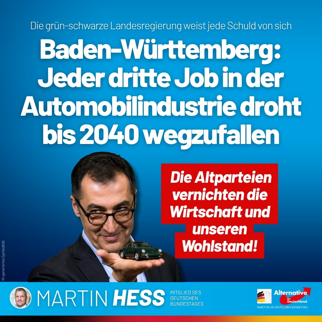 Martin_Hess_MdB's tweet photo. Die grün-schwarze Landesregierung unter Ministerpräsident Cem Özdemir geht selbst davon aus, dass die Zahl der Beschäftigten in der baden-württembergischen Automobilindustrie von 480.100 im Jahr 2022 auf 325.600 im Jahr 2040 sinken wird. Das bedeutet: Fast jeder dritte Arbeitsplatz in dieser Schlüsselbranche geht verloren. Statt die Folgen der eigenen Politik – vom ideologischen Kampf gegen den Verbrennungsmotor bis zur verfehlten Energiepolitik – kritisch zu hinterfragen, verweist die Regierung auf ein „komplexes Zusammenspiel verschiedener Faktoren“.

Nicht nur Baden-Württemberg braucht wieder wirtschaftspolitische Vernunft, die unsere Industrie stärkt, Arbeitsplätze erhält und damit unseren Wohlstand sichert. Dafür steht nur die AfD!

https://t.co/Zg1M9omOzh
