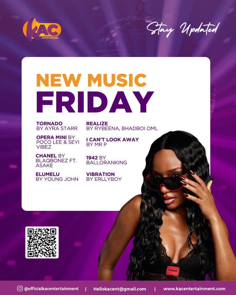 hellokacent's tweet photo. 🎶 New Music Friday is here! 🎶
Fresh vibes, hot releases, and nonstop energy! 🔥 Turn up your playlist with the latest hits from Ayra Starr, Young Jonn, Blaqbonez, Asake, Mr P, Balloranking, Rybeena, Bhadboi OML, and more.

Which track are you putting on repeat this weekend? 🎧 https://t.co/EYuYN2ktL6