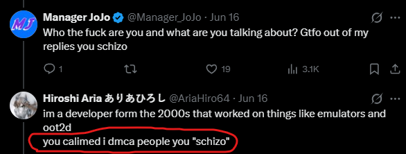 FieryBloods's tweet photo. @AriaHiro64 @Manager_JoJo @demenishki since i know you haven't muted, lets get this straight:

guy replies to you talking sumn about dmca, you ignore every other word and assume he's talking about you, and go on a comment crusade defending yourself? 

is that what happened or am I missing something? https://t.co/vea3R3gKb0