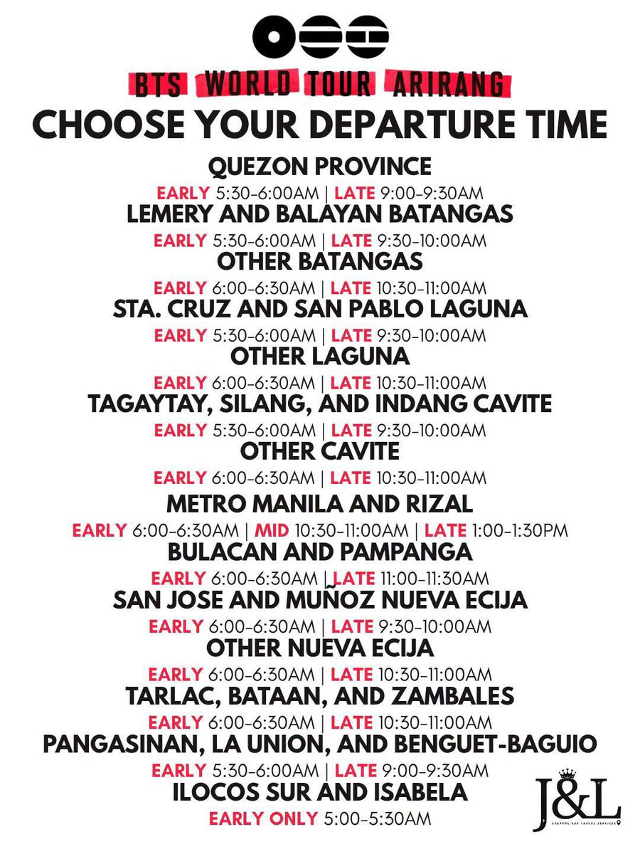 jandlcarpool's tweet photo. Carpool ~ roundtrip service for #BTS 🎤

CHOOSE YOUR DEPARTURE TIME 
Early, Mid, and Late! 💜

BTS WORLD TOUR ARIRANG IN BULACAN

📍 Philippine Sports Stadium  
📅 March 13, 14, &amp; 16, 2027

BOOK HERE: https://t.co/QzZNRUnoI6

#BTS_WORLDTOUR_ARIRANG #BTS_WORLDTOUR_ARIRANG_BULACAN https://t.co/31d2CV1JxY