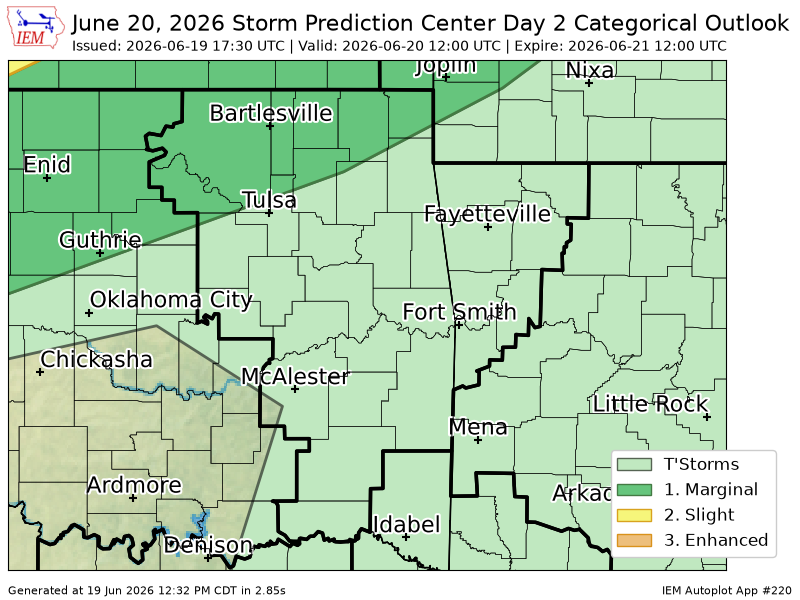 StormdarBot's tweet photo. #SPC issues Day 2 Marginal Convective Risk at Jun 19, 17:30z for TSA https://t.co/S42cUwNOuh https://t.co/QmyhrxHQoL