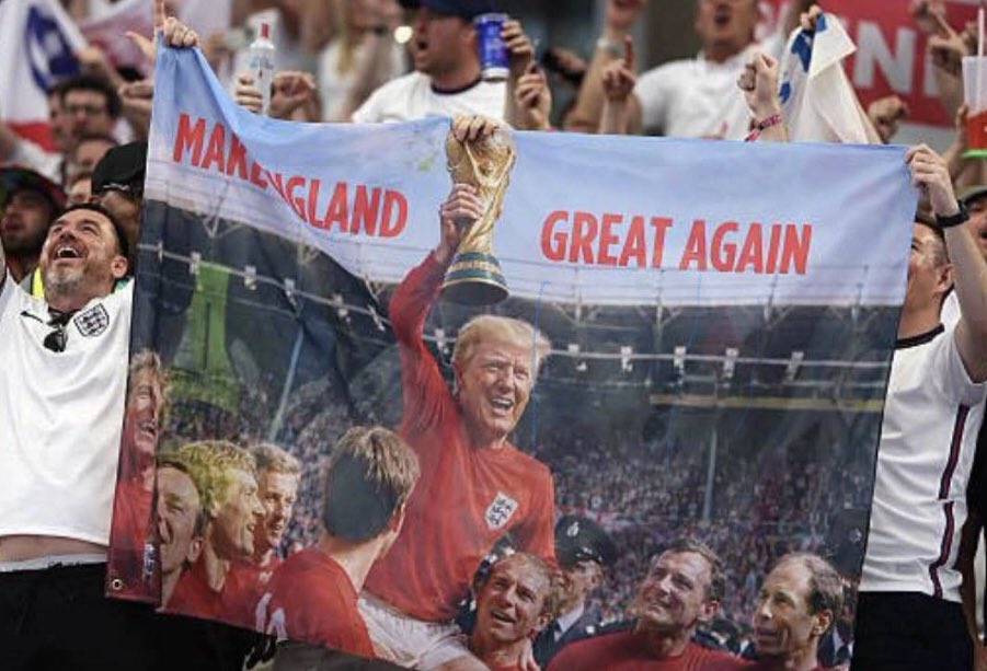 Class1Action's tweet photo. #England fans have no shame in replacing a picture of their greatest ever captain with an image of a mad president who wouldn’t even know who #BobbyMoore was. What an embarrassment these fans are. Btw, #Trump’s family come from Germany &amp; Scotland, you ‘patriotic’ halfwits. 
🤦‍♂️😂 https://t.co/mJEx2Zj6Lp