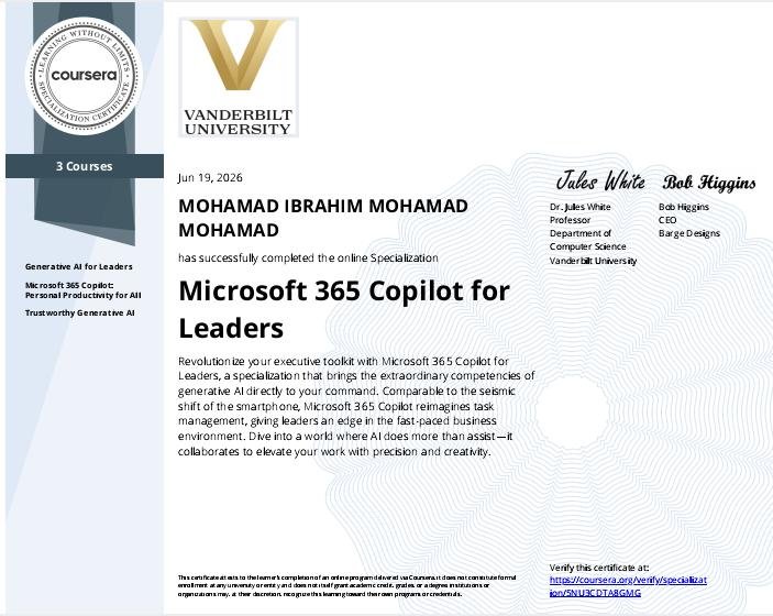 dredutest's tweet photo. I am truly happy to share that I have completed the Microsoft 365 Copilot for Leaders Specialization, offered by Vanderbilt University through Coursera. https://t.co/u0OtB7KEN0