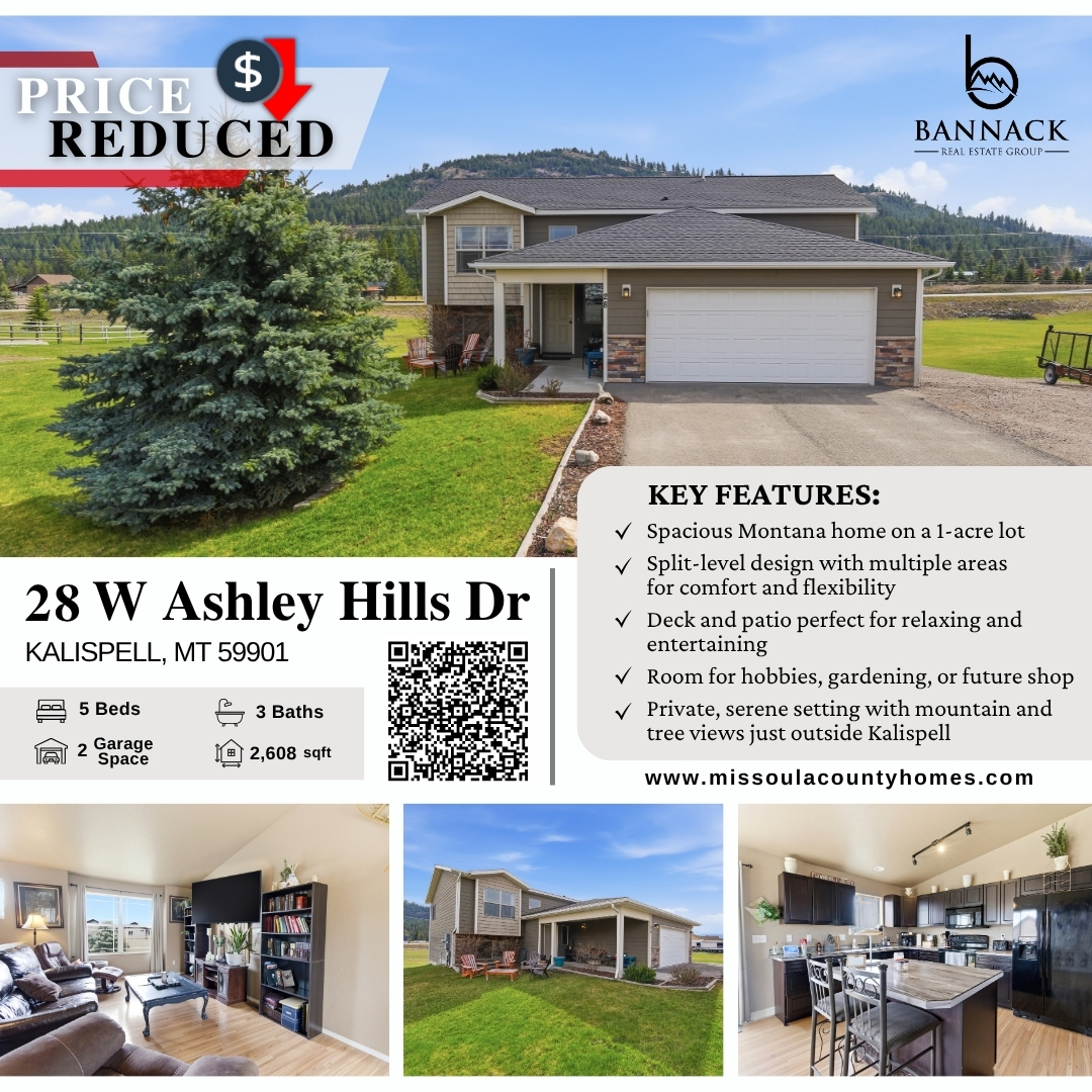 BannackRE's tweet photo. 🚨PRICE REDUCED🏷️
More space, more freedom, and now an even better value! This 5-bed, 3-bath home on a full acre near Kalispell offers mountain views, a walkout basement, and endless possibilities inside and out.

📲 Schedule your showing today!

#KalispellMT #PriceReduced https://t.co/1Hp5u772V2