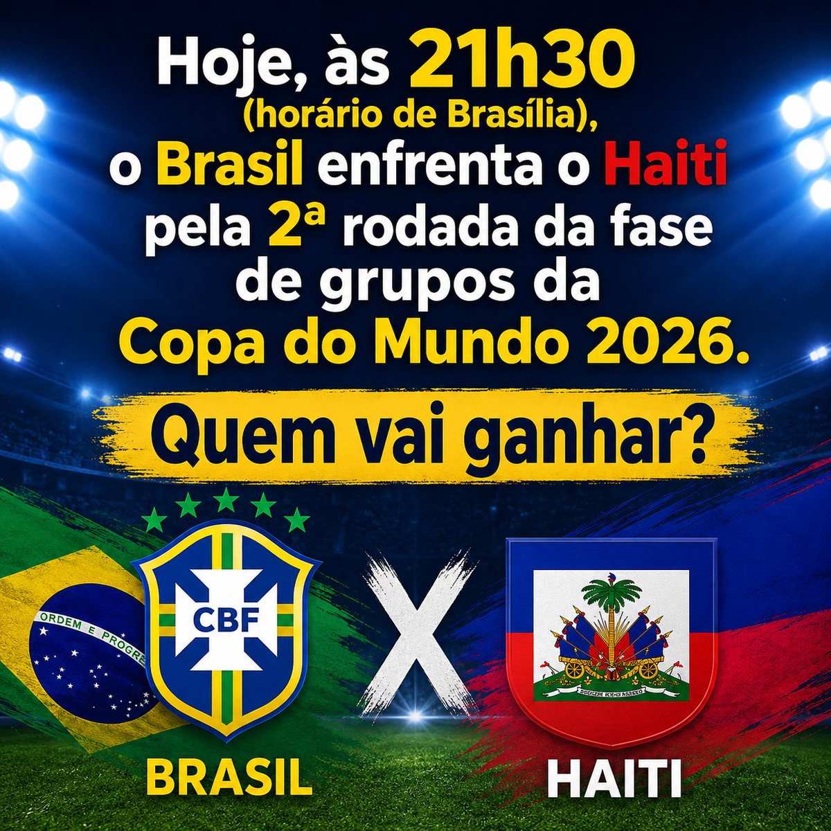 bigbangfake's tweet photo. COMENTE USANDO APENAS UM EMOJI:

🔥 → Brasil vai golear
⚽ → Vitória tranquila do Brasil
😰 → Jogo mais difícil do que parece
🤝 → Empate
🇭🇹 → Surpresa do Haiti
👑 → Vinícius Jr. será o craque da partida

👇 E deixe seu palpite de placar nos comentários!

#Brasil #Haiti https://t.co/QhJq9Ka4HL