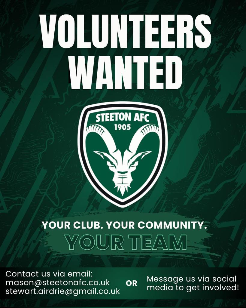 Steetonfc's tweet photo. 💚 Ahead of the new season, we're on the lookout for more volunteers to join our wonderful team behind the scenes to help keep the club on the go!

👇 If you would be interested, here's all the contact details you require on how to join the Chevvies!

#chevrons https://t.co/6NOUfdMcSg