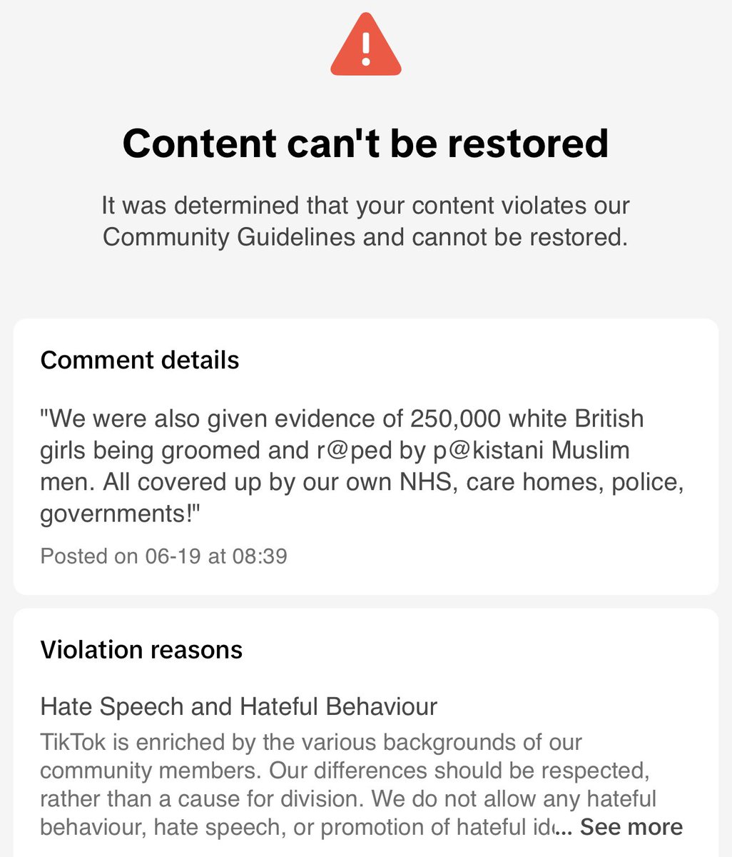 blondenotblindd's tweet photo. Can’t talk about the Rape gang on TikTok. 

It’s classed as Hate speech apparently. https://t.co/SUy28lIRQe