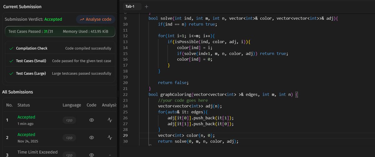 JustCoding01's tweet photo. Day-19
#SDESheetChallenge
Recursion &amp; Backtracking Done
✅M Coloring Problem: assigning color to neighbor + backtrack O(mⁿ * V)
✅Rat in a Maze: DFS +backtrack O(4^(n²))
✅Word Break (Print All Ways): partition +backtrack O(n^3 + m)
@striver_79 @takeUforward_

#45DaysOfCode #DSA https://t.co/EYfAT57dV5