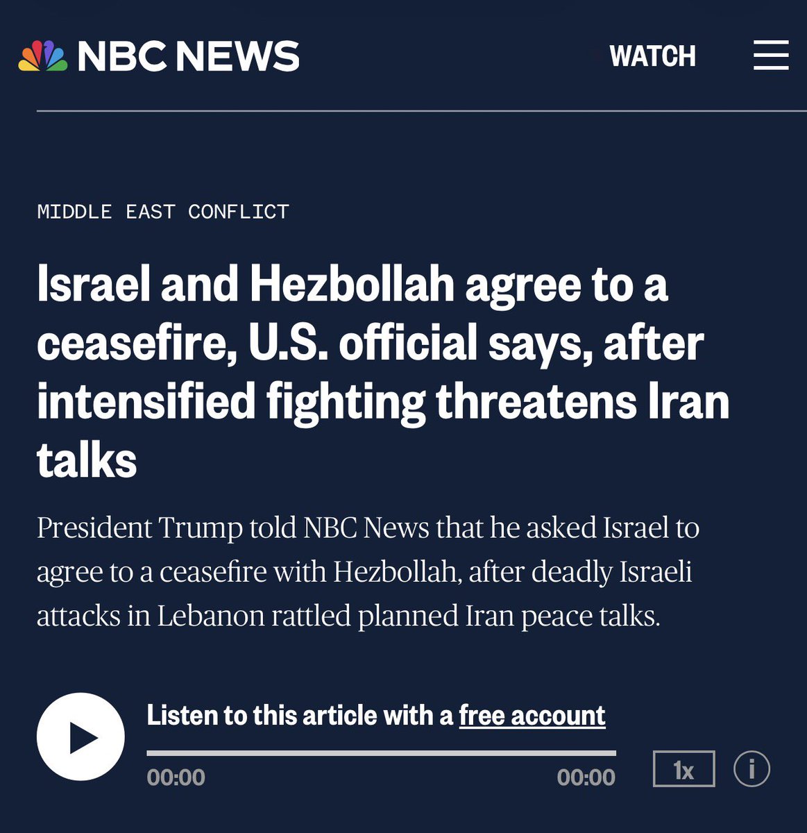 criptoFMS's tweet photo. 🔴 JUST IN | Israel y Hezbollah acuerdan alto el fuego este viernes
Según un funcionario de EE.UU. citado por NBC News, Israel y Hezbollah acordaron un cese al fuego que comenzaría a las 4 p.m. hora local.
El acuerdo llega tras una fuerte escalada de ataques israelíes en el sur de Líbano durante la noche y madrugada (más de 150 strikes), que dejaron al menos 47 muertos en Líbano y 4 soldados israelíes fallecidos.
La intensificación de los combates amenazaba directamente las conversaciones de paz entre EE.UU. e Irán en Suiza (que fueron pospuestas y el vicepresidente Vance canceló su viaje).
El acuerdo interino EE.UU.-Irán exige el fin inmediato de todas las hostilidades en todos los frentes, incluyendo Líbano.
Hezbollah dijo que cumplirá el alto el fuego, pero acusó a Israel de seguir disparando.
Fuente: NBC News (19/06/2026)
