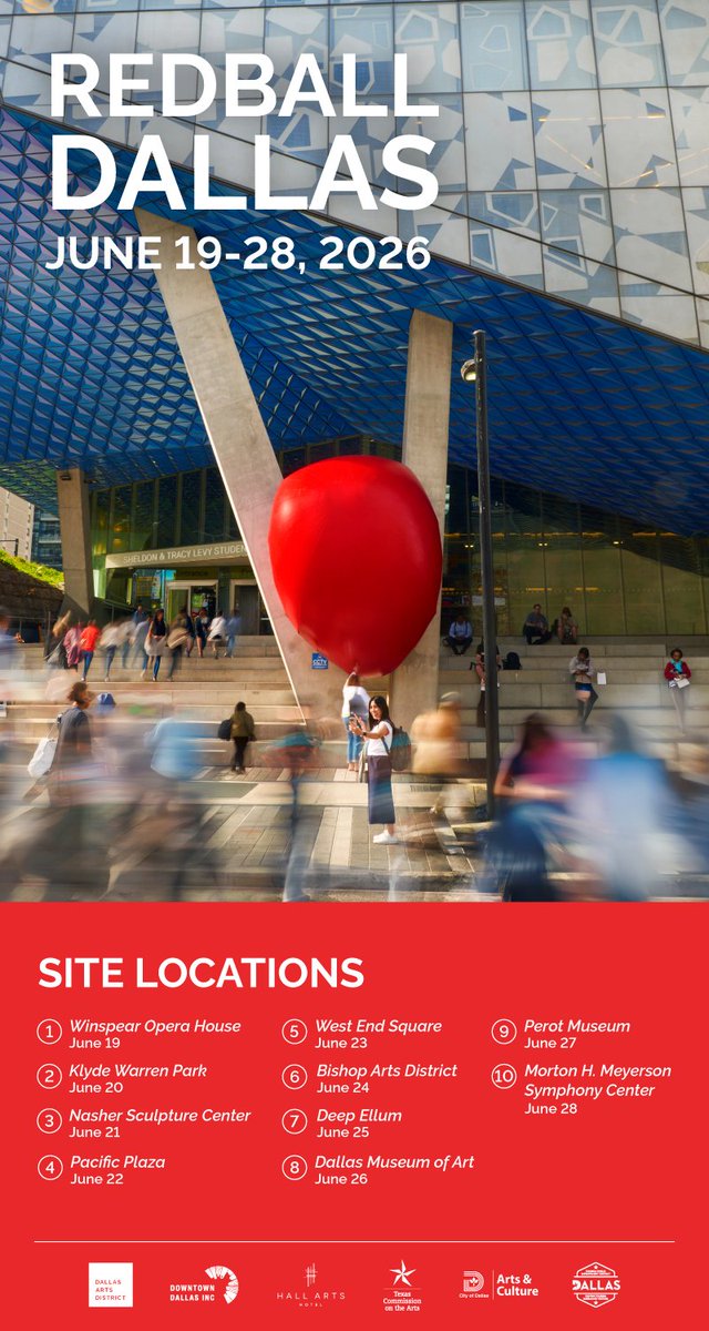 DalArtsDistrict's tweet photo. 🔴TODAY IS THE DAY! @RedBallProject makes its Texas debut at @attpac from 1PM - 8PM! Visitors are encouraged to interact with the iconic red ball - touch, bounce, play and of course take selfies!
📸 Tag us and @redballproject / #redballproject in your photos & stories! https://t.co/SOx8iipsxK