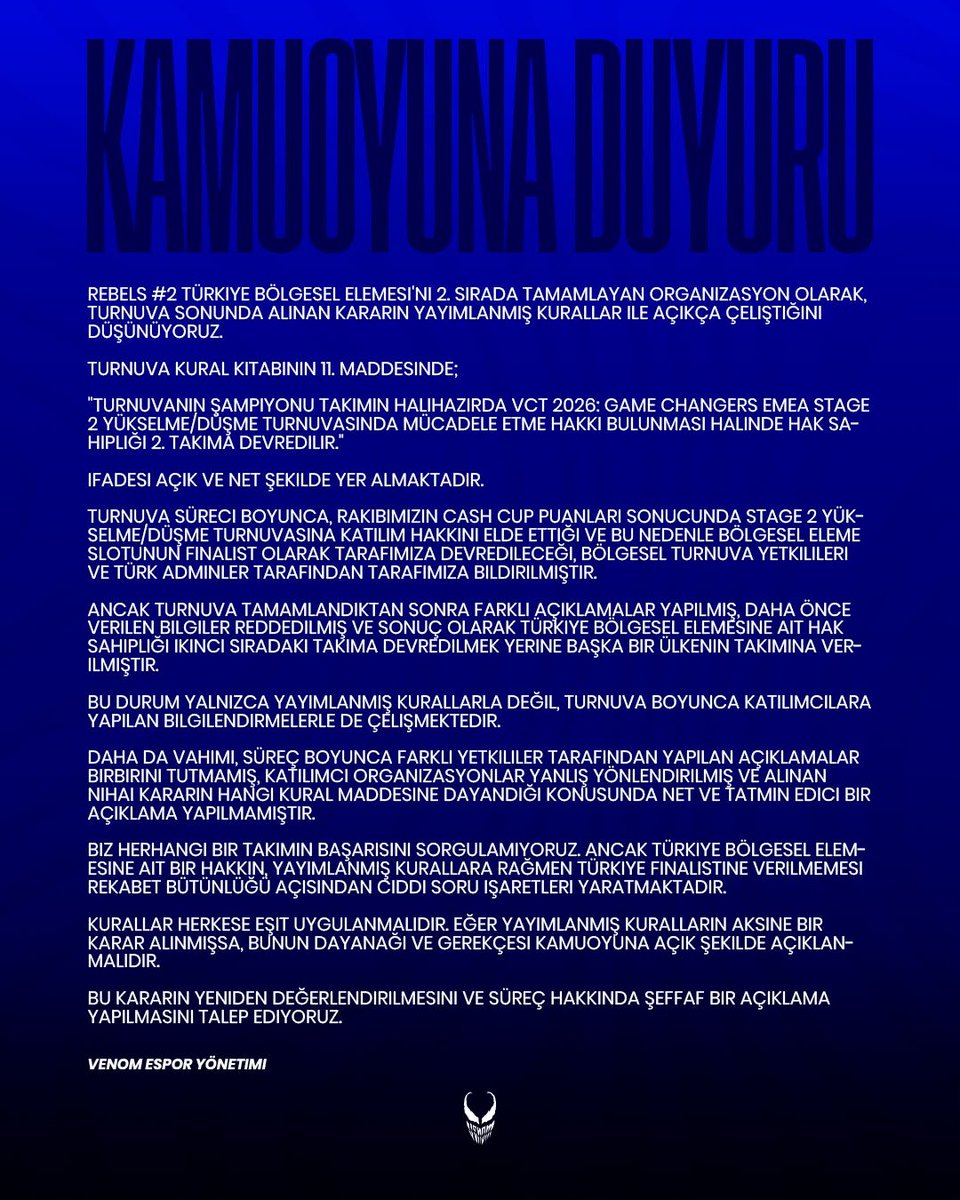 VenomESpor's tweet photo. Kamuoyuna Duyuru

GC Promo/Relo S2 slotunun takımımıza verilmemesi ve süreç boyunca yaşanan tutarsızlıklar hakkında açıklamamızı kamuoyunun bilgisine sunarız. https://t.co/gMKWn85cCd
