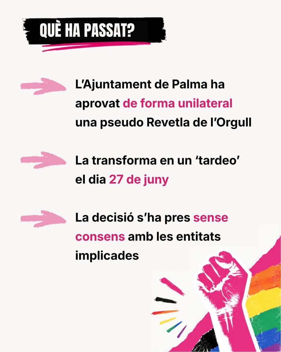 benamics's tweet photo. A una setmana de l'Orgull, l'@ajuntpalma no ha publicat encara la programació per a l'Orgull ni ha resolt les artistes pel tardeo guiri

És una mostra més del desinterès per les reinvidicacions del col·lectiu i la seva aposta per mercantilitzar i buidar de contingut l'Orgull https://t.co/JbbbCOWsQz