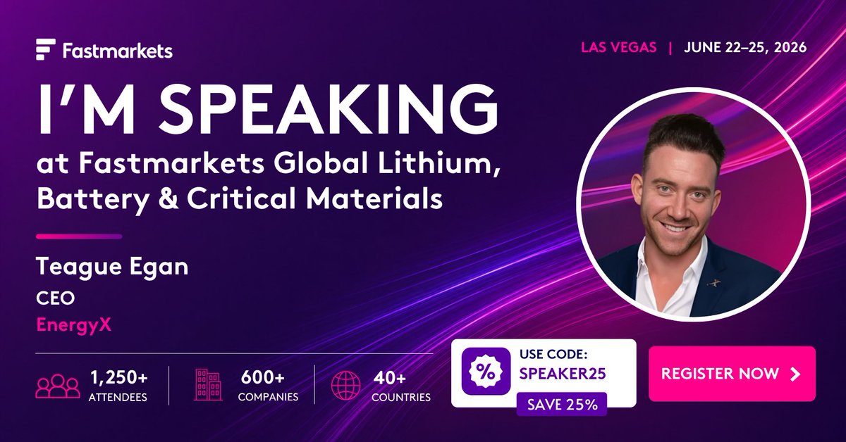 energyx's tweet photo. From breakthrough technology to execution at scale.
Our Founder & CEO @TeagueEgan returns to the Fastmarkets keynote stage to discuss what's next for GET-Lit™, lithium production, and the future of the global supply chain.
See you there. ⚡🔋
#GETLit #EnergyX #Lithium #Fastmarkets