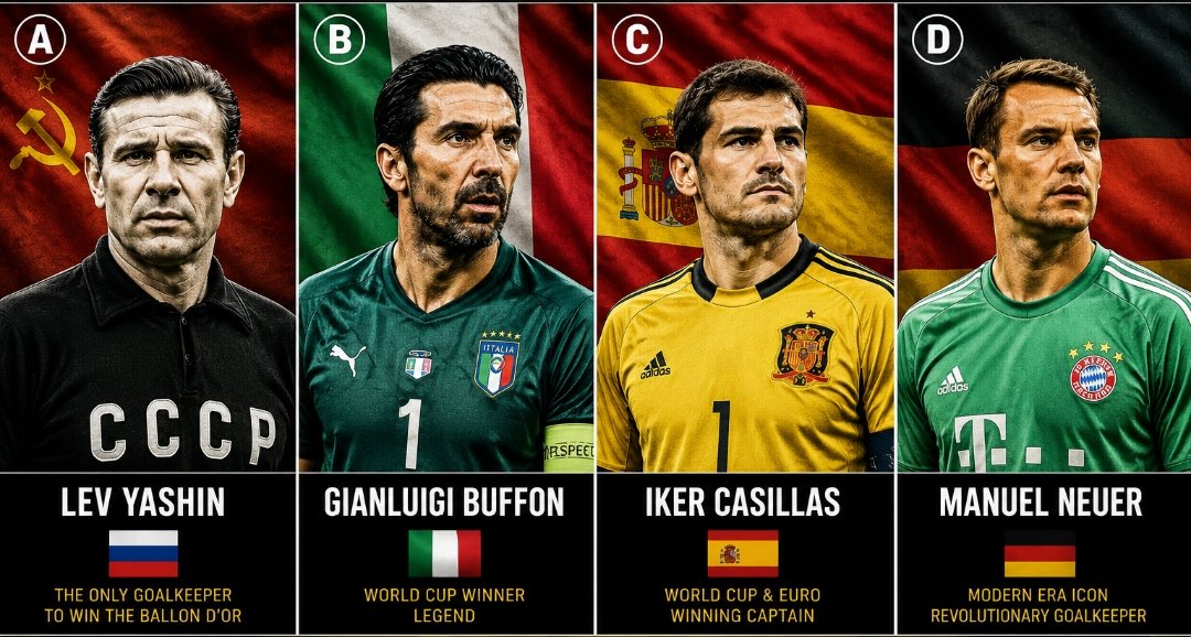 Footballxfever's tweet photo. ⚽ Who is the GREATEST goalkeeper of all time? 🧤 

A) Lev Yashin 🇷🇺
B) Buffon 🇮🇹
C) Casillas 🇪🇸
D) Neuer 🇩🇪

One vote. 👇🔥

Honourable mentions: Peter Schmeichel 🇩🇰, Dino Zoff 🇮🇹, Oliver Kahn 🇩🇪, Thibaut Courtois 🇧🇪. https://t.co/1ZK0bTBYeZ