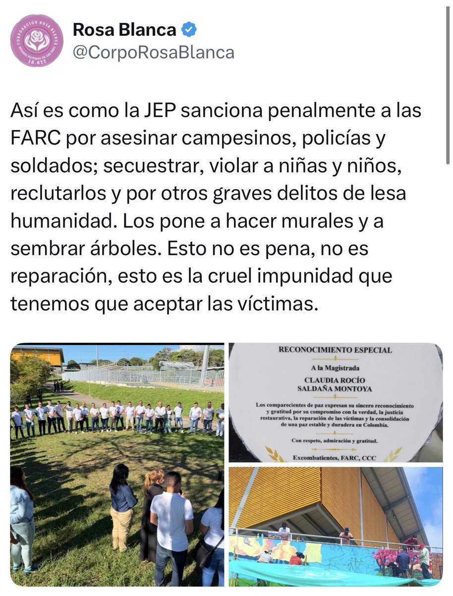 StephBatesPress's tweet photo. No entiendo la JEP, ¿la justicia no debería ser igual para todos? Mientras a las #FARC los ponen a pintar murales y sembrar árboles a otros que no son FARC si los condenan  5 años de cárcel. https://t.co/7w8mQnxniW