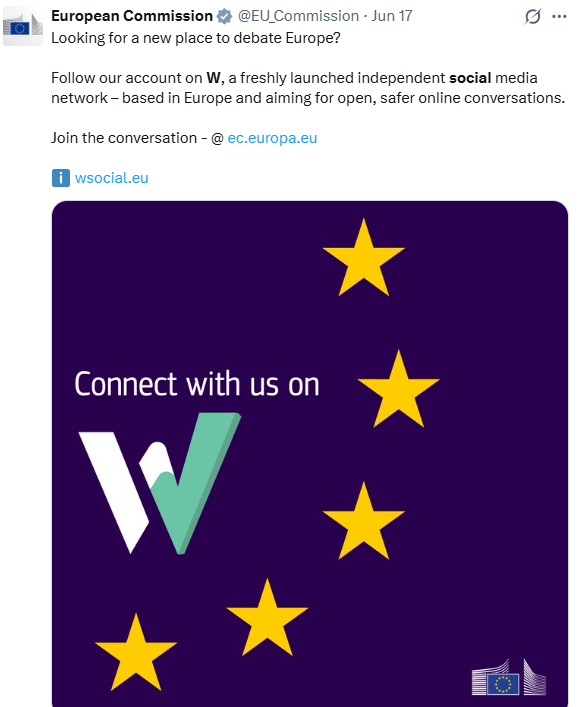 Mauritsvdr's tweet photo. Niets schimmiger dan dit: De Europese Commissie steunt (en financiert?) deze "concurrent voor X" volop en doet alsof het een spontaan, "fris" nieuw medium is. Het lijkt gewoon volledig onder de controle van de Europese Commissie te staan. Mocht China dit doen, we spreken over de totale controle staat.