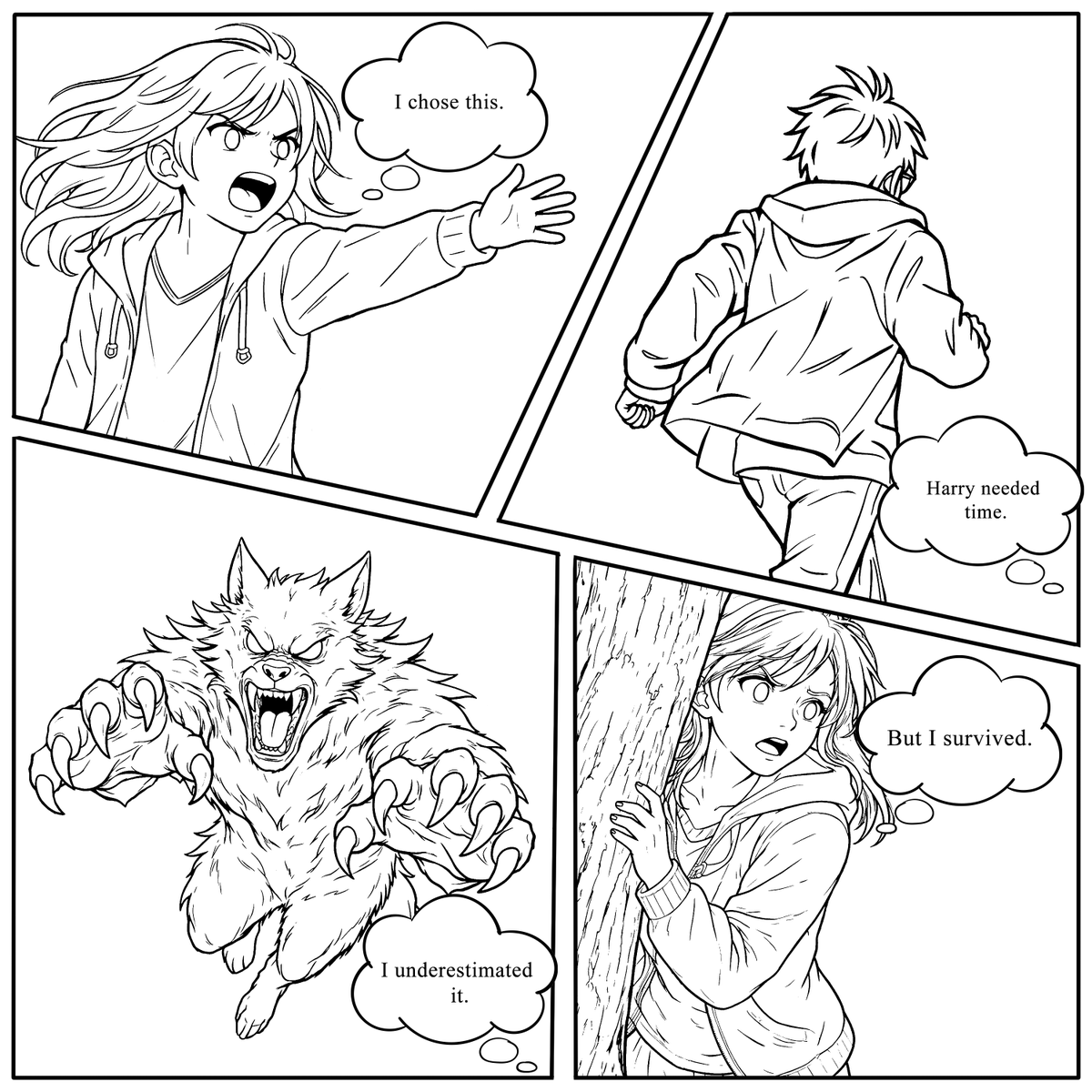 robin_jms's tweet photo. Survival Instincts 🌑   
The calm atmosphere fades as fear and desperation begin to take over. Faced with a terrifying creature, the characters are forced to make quick choices just to survive.
#vgen #vgencode #vgen #comicbookart #author #wattpad #ao3 #werewolf https://t.co/gpZIFbDbsz