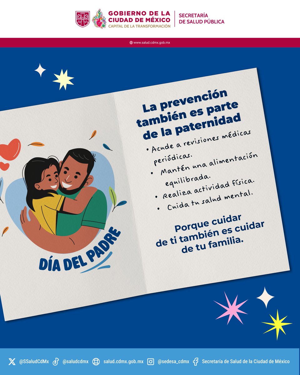 SSaludCdMx's tweet photo. 👨‍👧❤👨‍👦 En este Día del Padre, recordamos que si te realizas chequeos médicos, mantienes hábitos saludables y atiendes tu bienestar físico y emocional también cuidas a quienes más quieres. 🩺🤗

💙 Tu salud importa.

#DíaDelPadre #SaludPública #Prevención https://t.co/y3CNkQk0Xp