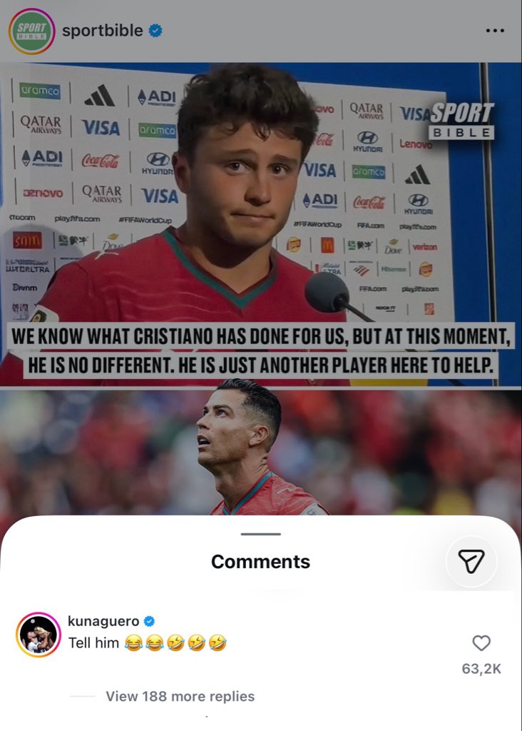 centreGoalHQ's tweet photo. 🚨📲 Kuna Aguero reply on Neves quote on IG:

“Tell him 🤣🤣😂😂😂” https://t.co/OALEPR1Jen