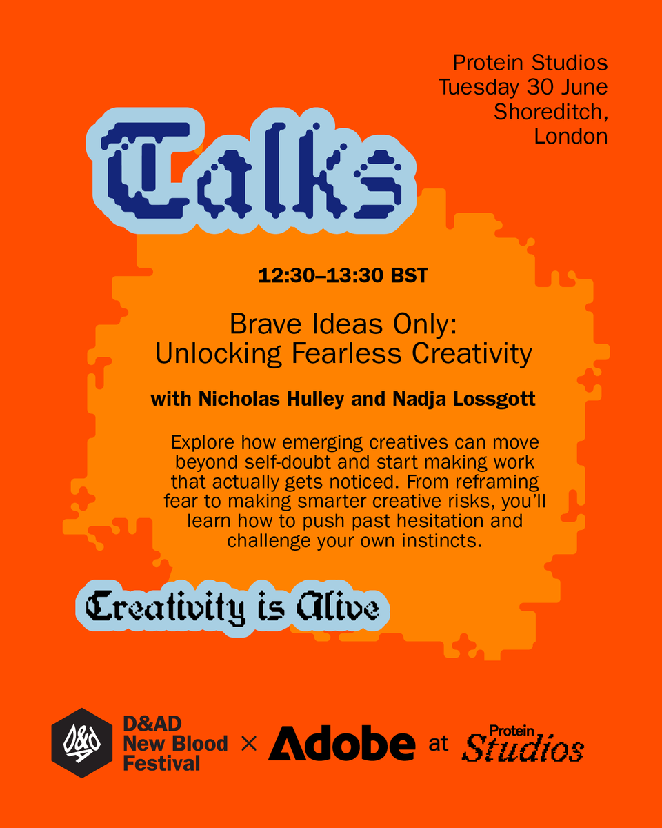 DandADNewBlood's tweet photo. Creativity is alive at New Blood Festival 2026 with @adobe. 

Two full days of inspiration for creatives who are breaking into the industry, or want to level up their skills. Here's just a few of the talks on 30 June...

Get your free Festival pass: https://t.co/bGp7wCM28p 🔥 https://t.co/XlHbCFfwRV