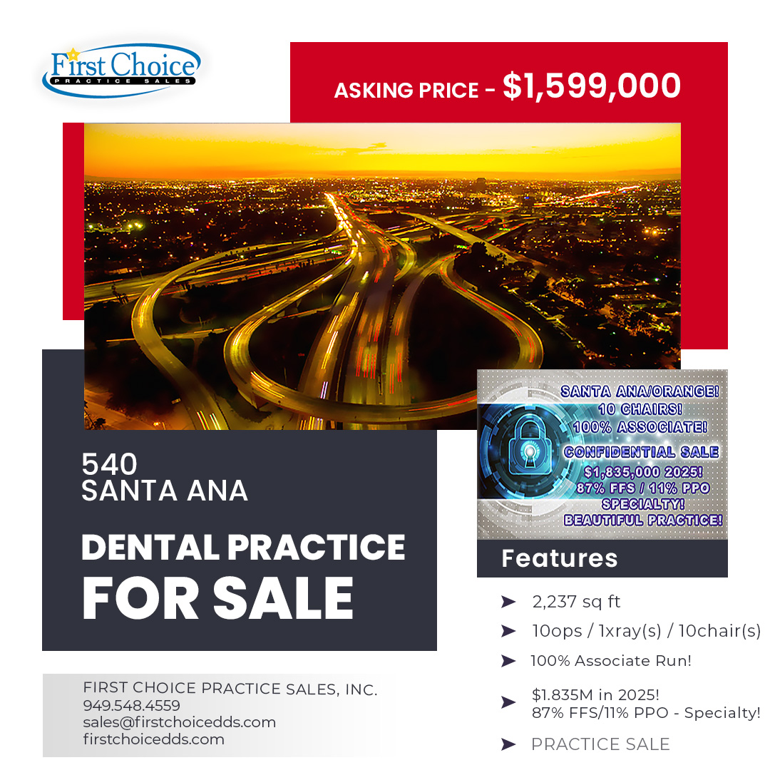 FirstChoicePS's tweet photo. 📈 LISTING UPDATE: Massive 10-OP Associate-Run Dental Powerhouse! (Ref #26-540) 🦷🔥

🎯 Elite 85%+ Cash/PPO Structure—drawing 50+ new patients monthly! 
📐 10 Ops (10 chairs) | 2,237 sq. ft. high-volume flagship layout 
🏢 Prime retail storefront on Santa Ana/Orange border with monument signage 
💻 Fully digital workflow: Digital X-rays, Pano, & intraoral scanner

Associate-run clinical engine ready for immediate scale or DSO expansion. Skip the build-out delays! 🚀

Price: $1,599,000

Specs: https://t.co/wicysF6Wr0

First Choice Practice Sales, Inc. 
📞 949-548-4559 
📧 sales@firstchoicedds.com 
🌐 https://t.co/homLDDSeUX

#SantaAnaDentist #OrangeCountyDentist #DentalPracticeForSale #TurnkeyDental #DSO