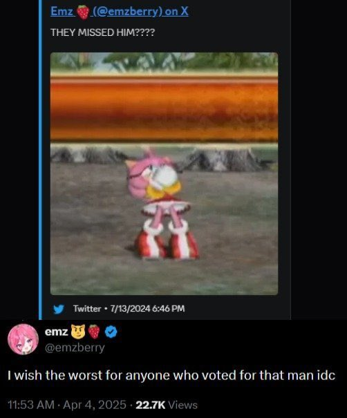 MadamSavvy's tweet photo. I think @sega is disgusting for fostering violent and aggressive "fans", and even worse, holding a double standard. Either the rules apply to all, or no one. 

Japan is a conservative country, more so than USA. What Emz is saying is she wants conservatives to die. She wants the people who made sonic to die. she wants the target demographic, Japan, to die. she wants americans to die. 

"i wish the worst for anyone who voted for this man, i dont care" she says

she wants anyone who does not think like her to genuinely die and there are people who agree. these people are not sane, normal, rational. they are a danger to society. 

and for some reason @SEGASAMMY_LUX @SEGA_Europe @SEGASAMMYSPORTS wants that. this is who they want representing them. 

Someone who wishes for assassination on conservatives.