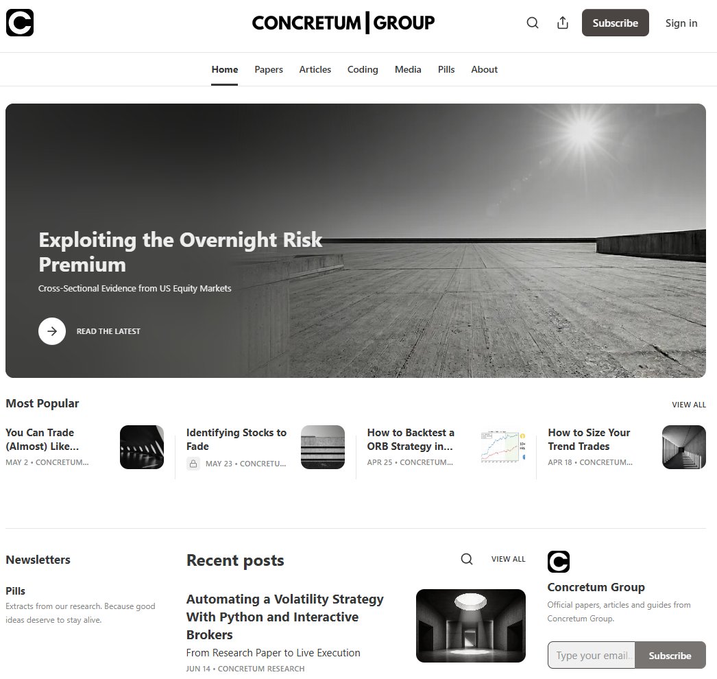ConcretumR's tweet photo. While next week marks the beginning of summer holidays for many, it is shaping up to be a particularly busy week at @ConcretumR.

We will be publishing THREE new research articles packed with fresh insights for our readers:

📉 Can less liquid stocks deliver higher returns? We investigate whether an illiquidity premium exists in short-term stock trading and why smaller traders may sometimes enjoy advantages that larger funds simply cannot access.

🌍 We revisit @MebFaber's classic Global Tactical Asset Allocation strategy, update the results with 20 additional years of out-of-sample data, and show how to automate the entire process using #Python and Interactive Brokers.

📈 And finally, an article we've been working on for weeks: a systematic trading strategy that uses information embedded in the #VIX Index to identify short-term mean-reversion opportunities in #SPY. Inspired by some of the concepts introduced in our award-winning paper with @BearBullTraders, the results were compelling enough that we felt the strategy deserved a dedicated research article and implementation guide.

Make sure to subscribe to Concretum page if you'd like these articles delivered directly to your inbox.

🔗 Link in the first comment.