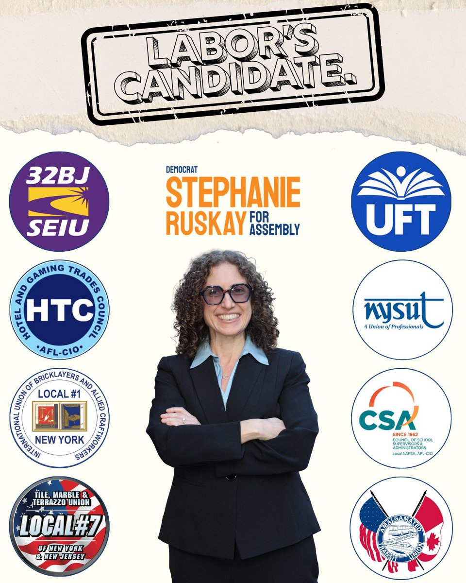 stephanieruskay's tweet photo. New York is a union town because generations of workers fought for it to be one.

I'm honored to have earned the support of @UFT, @32BJSEIU, @NYHTC, @nysut, @FollowCSA the Council of School Supervisors and Administrators, AFL-CIO, Amalgamated Transit Union Local 1056, Bricklayers and Allied Craftworkers Local Union Local #1, and the Tile Marble Terrazzo Local #7.

I take that trust seriously. As your Assemblymember, I'll fight for fair wages, strong union protections, safe working conditions, and good union jobs.

Workers have always had New York's back. I'll have theirs in Albany.
