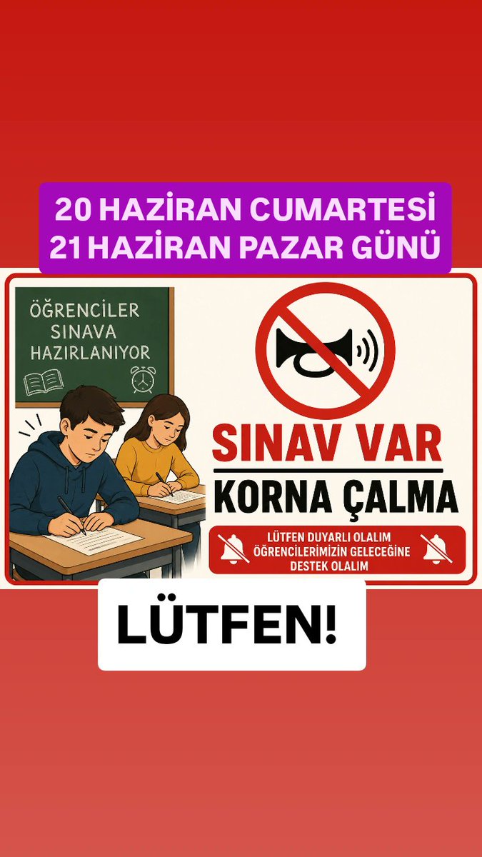 worldmaggazine's tweet photo. DİKKAT! LÜTFEN
Yarınlarımızın geleceği olan çocuklarımız, Üniversiteye giriş için aylarca, yıllarca çalışıp emek harcadılar. 20 ve 21 Haziran günü saat 10:00 ile 13:00 arası okul etrafında KORNA ÇALMAYIN. Çocuklarımızın sınavda dikkatini dağıtmayın. 
#sınav #sinav #yks #egitim https://t.co/JZA8rjfalt