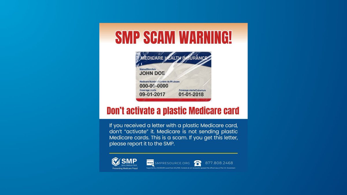 vas_nebraska's tweet photo. SMP Scam Warning! If you are mailed a plastic Medicare card, don't "activate" it. Medicare is not sending plastic Medicare cards. This is a scam. If you get this letter, please report it to the SMP. Please contact VAS if you have any questions at 402-444-6617. https://t.co/N5ds7Fd25O