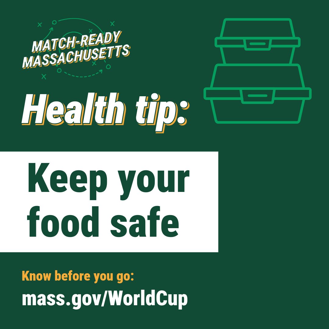 Graphic promoting food safety with the message 'Health tip: Keep your food safe' and a link to mass.gov/WorldCup.