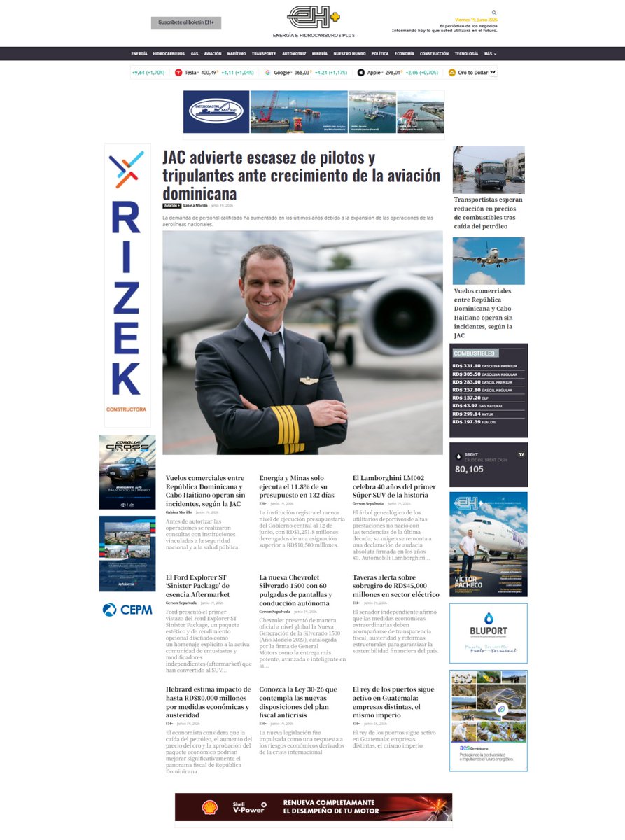 ehplusdo's tweet photo. #PortadaEH- Portada vespertina de hoy 19/6/2026. "JAC advierte escasez de pilotos y tripulantes ante crecimiento de la aviación dominicana"

Ingresa para ampliar 👉 https://t.co/PD43X8F355

#EHPlus https://t.co/zRYZiDYHgo