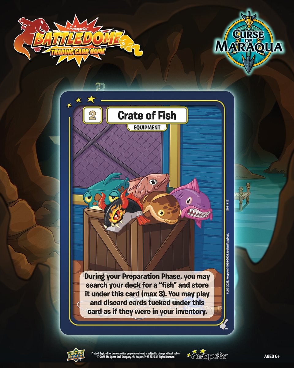 UpperDeckEnt's tweet photo. What a big catch! With Ye' Olde Fishing Vortex Starter Deck, you'll get all of these helpful equipment pieces and MORE! Time to get fishing. #Neopets #NeopetsBattledomeTCG https://t.co/jMhdnPpXXL