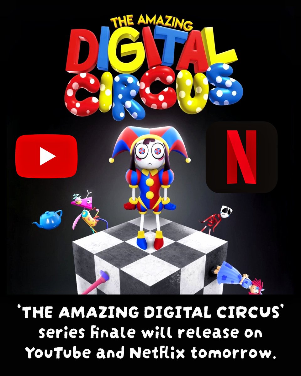 cartoonvibes26's tweet photo. Tomorrow marks the release of the final episode of The Amazing Digital Circus, bringing an end to a series that quickly became a global phenomenon. What started as an independent animated project grew into one of the most talked-about shows online, earning millions of fans through its unique blend of comedy, mystery, and emotional storytelling.

With the finale arriving on YouTube and Netflix, viewers will finally discover how Pomni’s story ends and whether the secrets of the Digital Circus will be revealed once and for all.

What has been your favorite moment from the series so far?