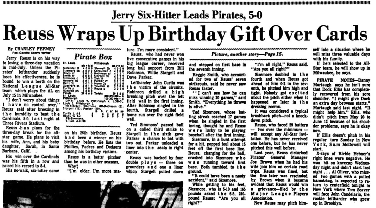 rieraci's tweet photo. 1975 - Jerry Reuss blew out his birthday candles by shutting out the St. Louis Cardinals 5-0 at Three Rivers Stadium, tossing a complete game six-hitter with seven whiffs. Homers by Willie Stargell, Dave Parker &amp; Bill Robinson gave the southpaw all the b-day gifts he needed. https://t.co/f5xZvPAAPB