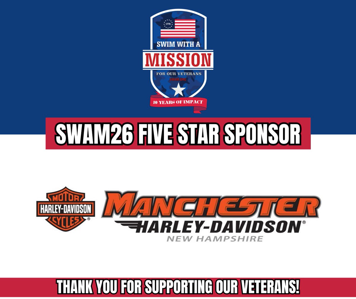 Swim4aMission's tweet photo. We’re proud to recognize @HDManchester as a Five Star Lead Sponsor for the 10th Anniversary of Swim With A Mission! 🇺🇸Their support plays an important role in helping us serve Veterans and military families through programs and initiatives that make a lasting impact. https://t.co/lJg1xqBsWR