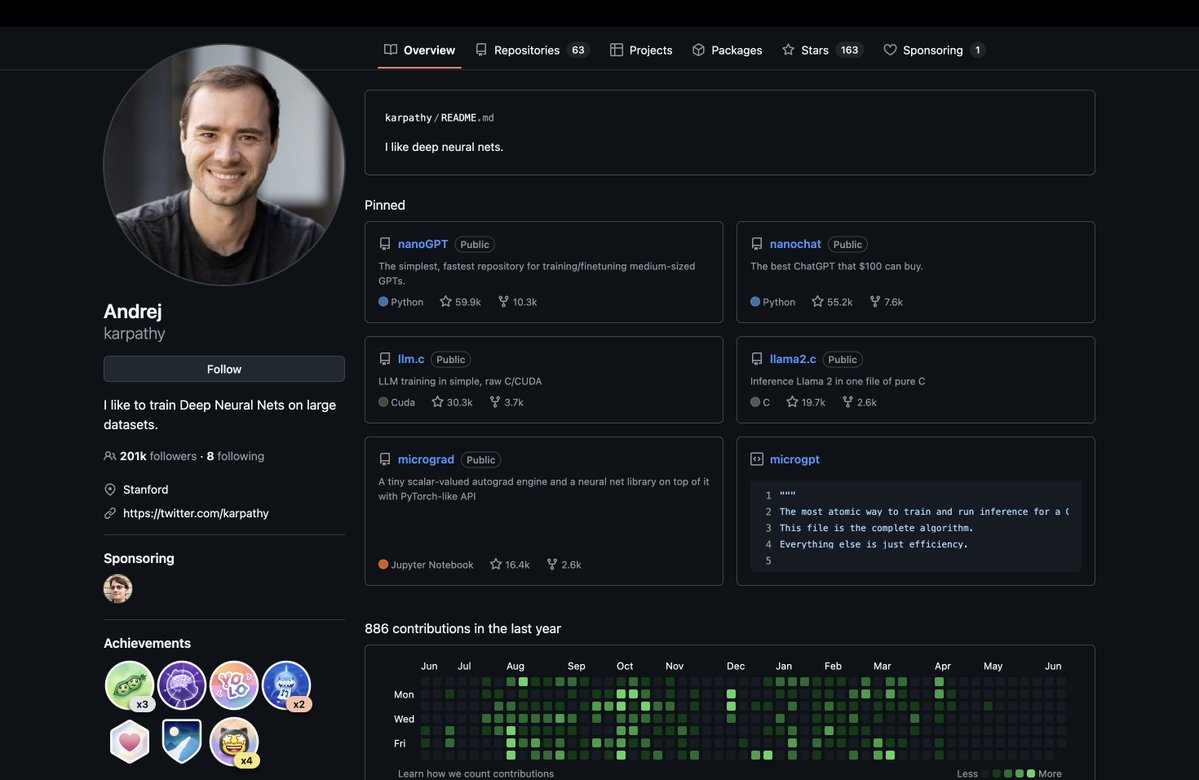 Shinnzo_xd's tweet photo. Even Karpathy can't contribute on his personal github because of work https://t.co/8PFNgNYIoW