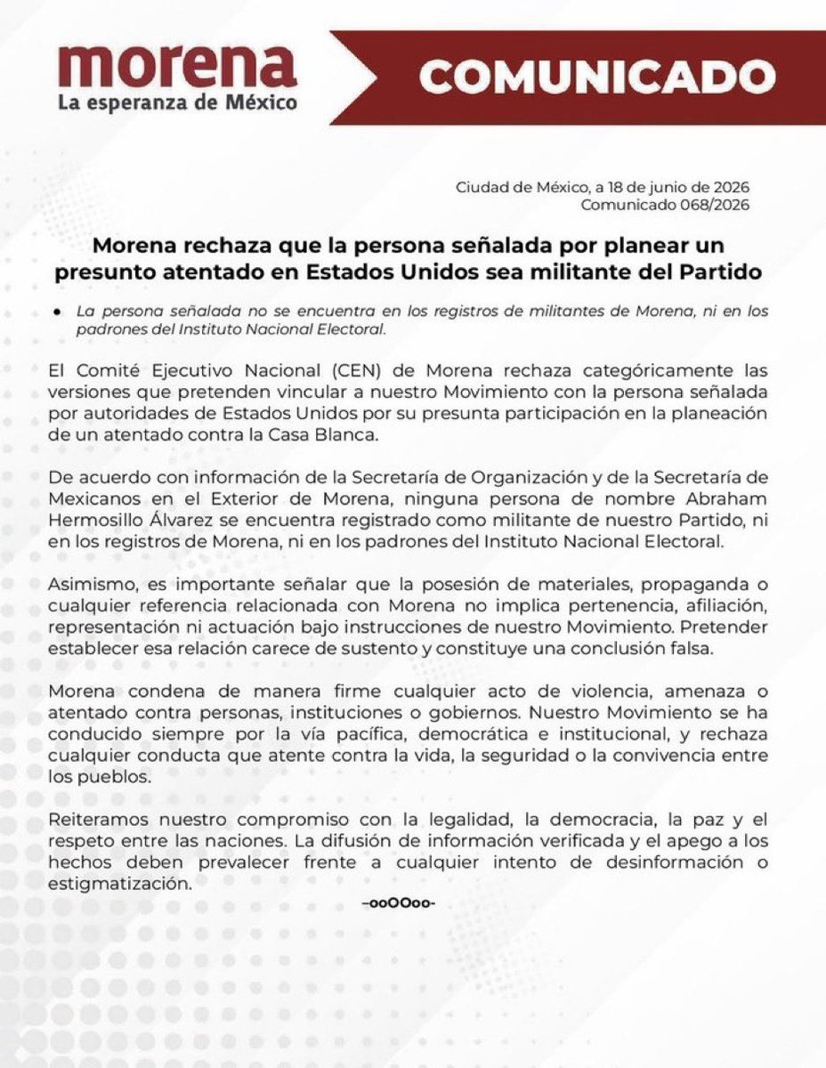 SimonLevyMx's tweet photo. A political party should not deny reality when the facts suggest otherwise. 

The absence of an individual’s name from a formal membership registry does not prove that no relationship existed. 

In Mexico, political parties are not required to register every supporter, sympathizer, activist, volunteer, or individual operating abroad. 

Therefore, claiming that someone was not connected to a political organization solely because their name does not appear in a membership database is misleading.

The reality is that close relatives of the suspect are reportedly registered in @PartidoMorenaMx Morena’s membership records and share the same family surnames (@ClickDgo) 

In addition, authorities allegedly found Morena paperwork, promotional materials, and party uniforms in the possession of the individual in question. These facts cannot simply be ignored.

While possession of party materials may not by itself constitute proof of formal membership, it certainly raises legitimate questions regarding political affiliation, support, or association. 

Any serious and objective investigation must consider all available evidence rather than relying exclusively on the absence of a name in a registry.

It is also worth noting that, during the same week, a cousin of former Mexican President Andrés Manuel López Obrador publicly made strongly critical remarks against Donald Trump. While such statements do not establish any direct connection to the allegations under investigation, they contribute to a broader pattern of political hostility that cannot be dismissed outright and deserves public scrutiny.

Facts matter more than political statements, and the public deserves transparency based on evidence, not conclusions drawn from incomplete information.