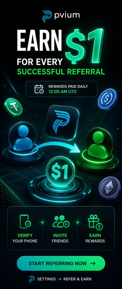 Web3_Emerald's tweet photo. Referral rewards are now live on @pviumapp.

Invite new users, help them get started, and earn rewards for every successful referral.

Here's everything you need to know 👇 https://t.co/ZBONAwp8Y6