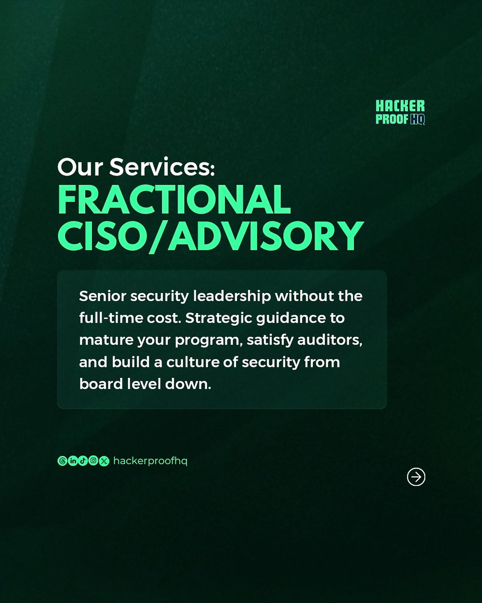 HackerproofHQ's tweet photo. Our Fractional CISO/Advisory service:
• Strategy and roadmaps
• Policy development
• Vendor risk management
• Board-level reporting
• Incident response planning
Senior security leadership, without the full-time cost.
Book a call: https://t.co/m51kSbHEsE https://t.co/dRTpMymBxg