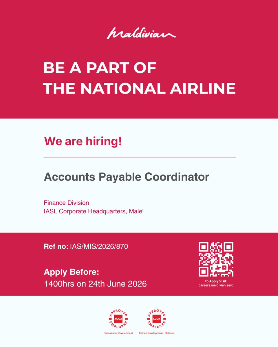IASLaero's tweet photo. Join our Team! 

Interested candidates may apply through our online portal by visiting: 

https://t.co/FFzek9K52D

#MaldivianAero https://t.co/b6ijx8HgZi