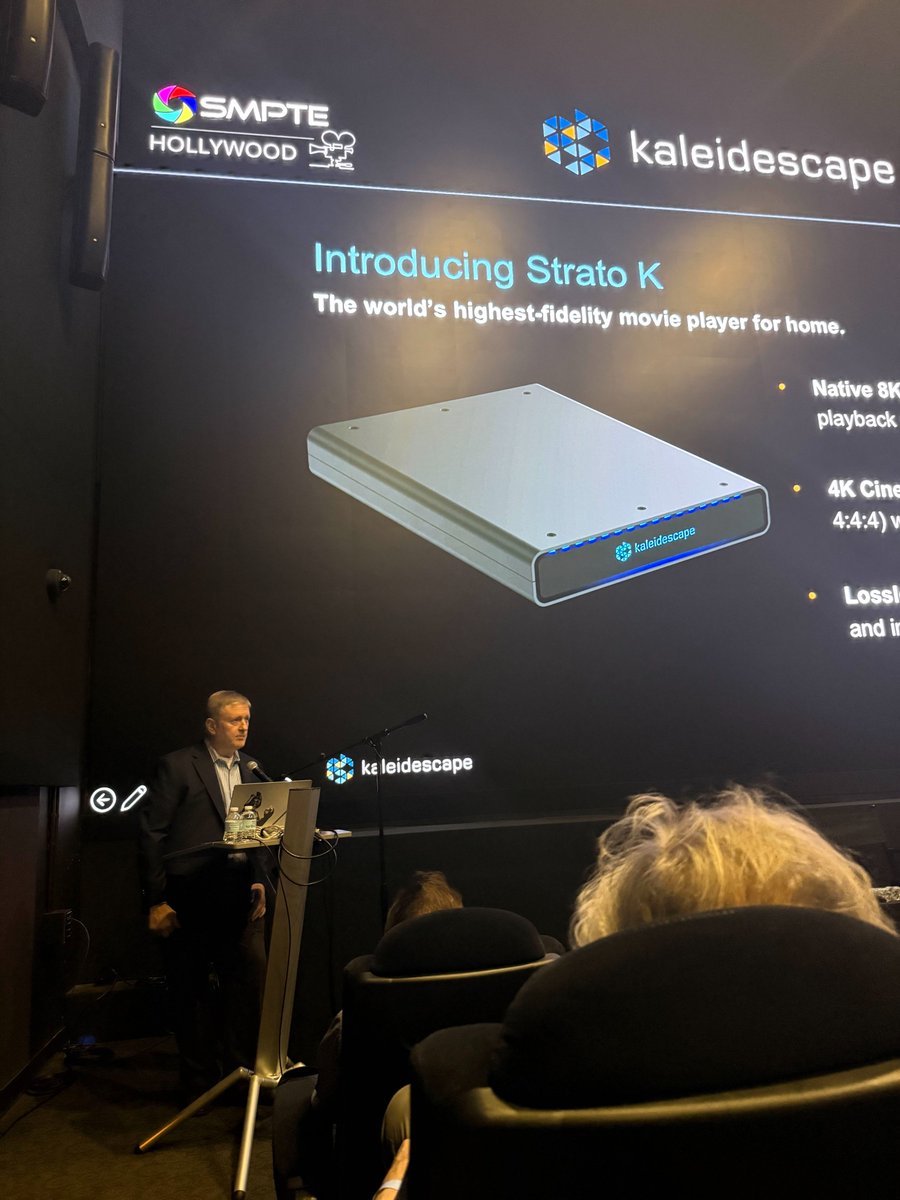 kaleidescape's tweet photo. A defining moment for the future of home cinema. At the @SMPTEHollywood & @8K_Association immersive experience, @Kaleidescape delivered native 8K playback from Strato K to an audience of industry leaders, studios, and media. As the ecosystem moves beyond 4K, Kaleidescape is helping lead the transition - bringing filmmakers, technology, and premium home entertainment together like never before. This is how the industry evolves, & we're honored to be part of it. 

Thank you to Juan Reyes and Marc Finer for the opportunity to help define the future. Special thanks to the panelists for sharing insights on standards and the future of premium 8K viewing: Brandon Heaslip (@colorfront), Greg Ciaccio (@IMAX), and Mike Kobb (@Kaleidescape).

#Kaleidescape #BestMovieServer #UltimateMoviePlatform #EscapeBeyondCinema #StratoK #8K #4KCinematic #Dolbyatmos #DolbyVision #HDR #HighFidelilty #HomeCinema #HomeTheate #SMPTE #8K #8KA #8KAssociation