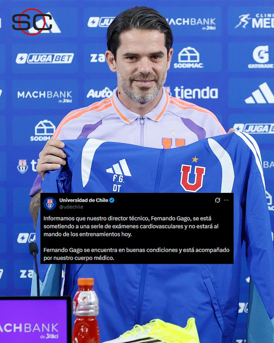 SC_ESPN's tweet photo. La U. de Chile informó que Fernando Gago se está haciendo chequeos cardiovasculares, que se encuentra en buenas condiciones y que está acompañado por el cuerpo médico del club. https://t.co/h4EMxoWH3F