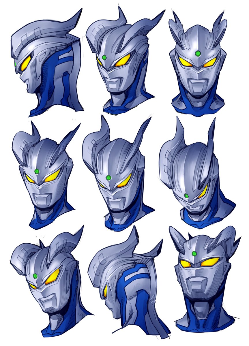 10pperance's tweet photo. ウルトラマン ゼロ
アタリ／線画／下塗り／本塗り
商業だとこのあと更にもう一段階ブラッシュアップする…かなと思う
ゼロさんは横顔だけ他の角度とかなり違う印象を与えるお顔なので、横顔は少し目のサイズや輪郭を調整している…むずかしい https://t.co/7tuK0vKctO