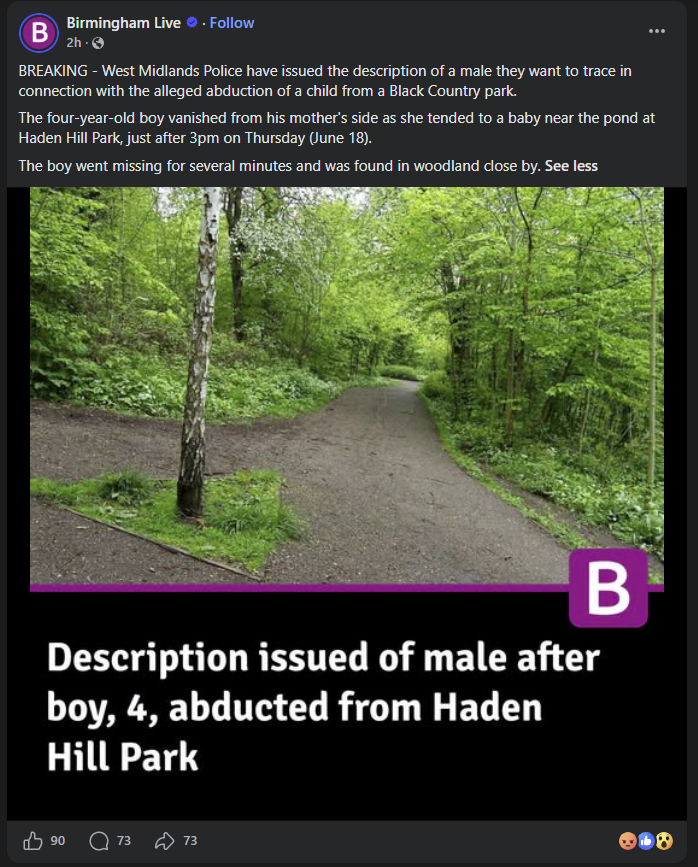 TRobinsonNewEra's tweet photo. A four year old boy was snatched in a Black Country Park in the West Midlands and left in woodland close by.

West Midlands Police have issued a description of the child snatcher:

The offender is described as being in his late teens, black, short in height and with curled hair.

He has been described as clean shaven and wearing black clothing.

Anyone with information is being urged to ring us on 101 quoting log number 3966-180626 or call Crimestoppers anonymously on 0800 555111.