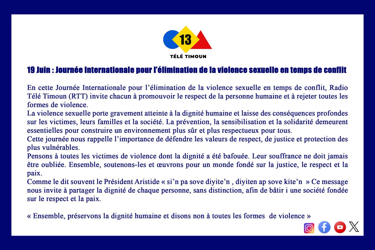 RTTHaiti's tweet photo. Journée Internationale pour l'élimination de la violence sexuelle en temps de Conflit. https://t.co/TovNwmPULn
