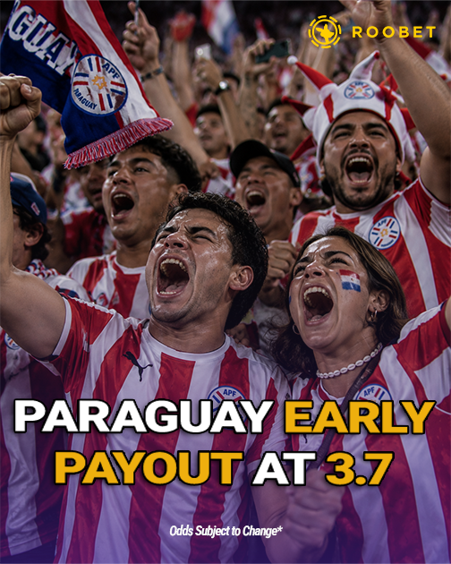 Roobet's tweet photo. 2 GOALS UP = PAYDAY 

Backing Paraguay today? Two goals up and your bet is settled, win, lose, or draw doesn't matter

Just get it in before kickoff https://t.co/x3lQQoH35U