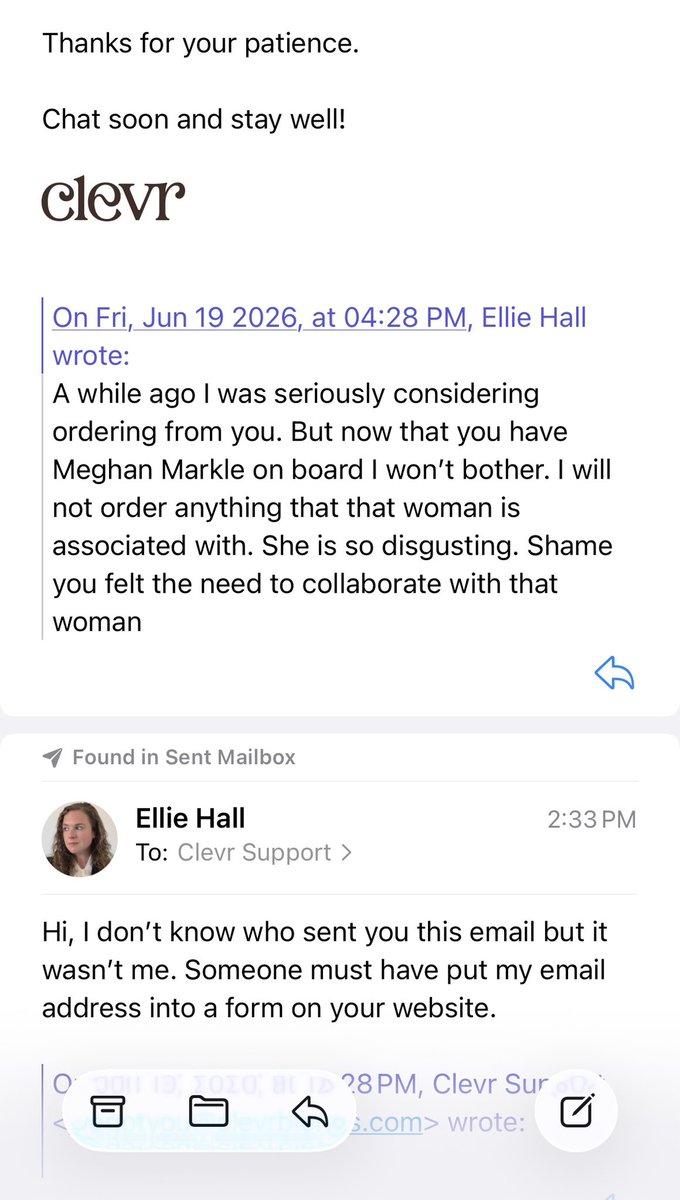 ellievhall's tweet photo. This is a new one for the category of “insane things that happen to me because I report on the royal family”: 

Somebody went to Clevr’s website, put my name and information into the “contact us” page, and wrote a screed against Meghan Markle.

This is not normal behavior. https://t.co/oT4ZscobAb
